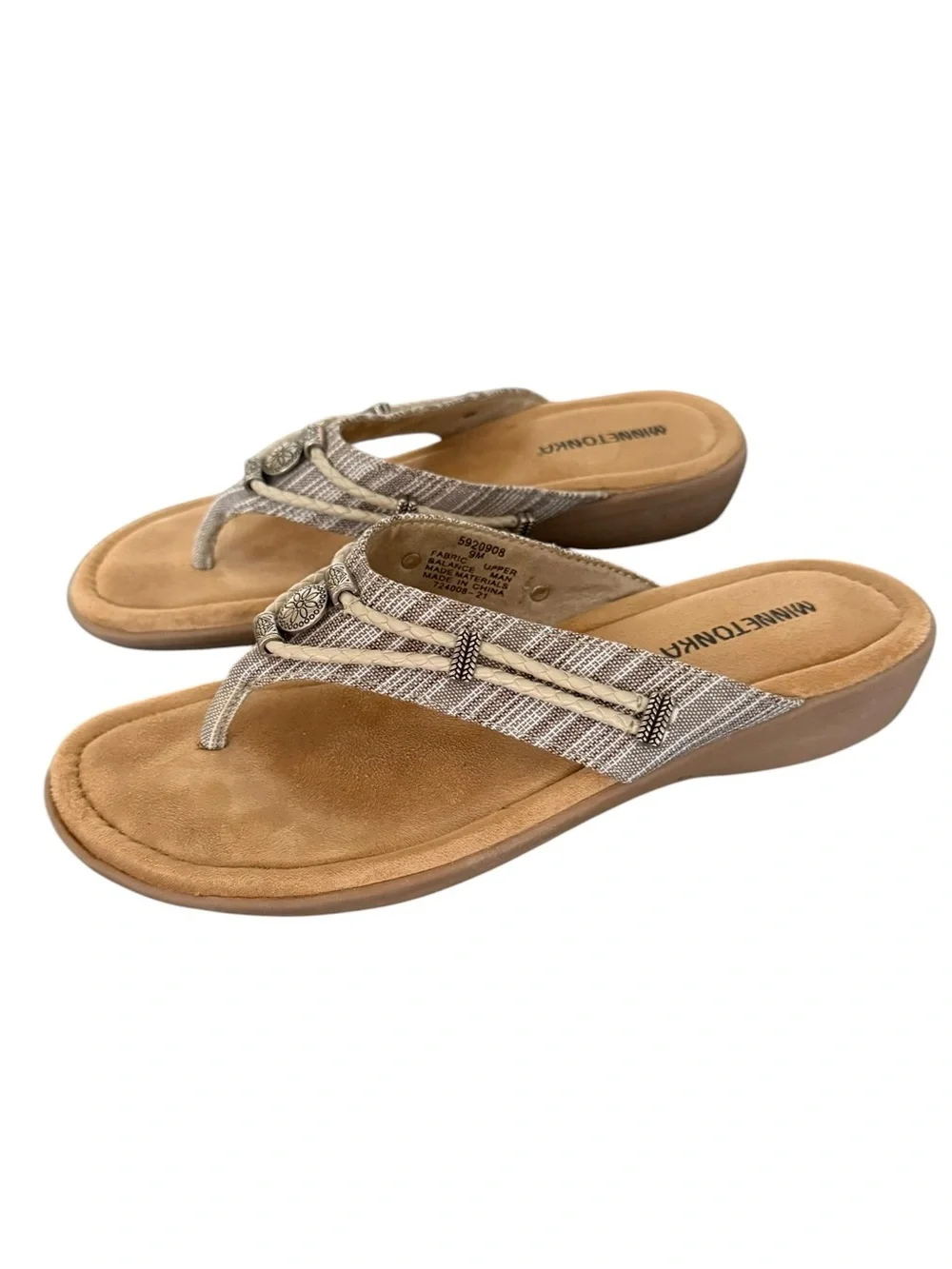 Minnetonka Women’s Silverbay Sandal Beige Gray Striped Thong Sandals Size 9